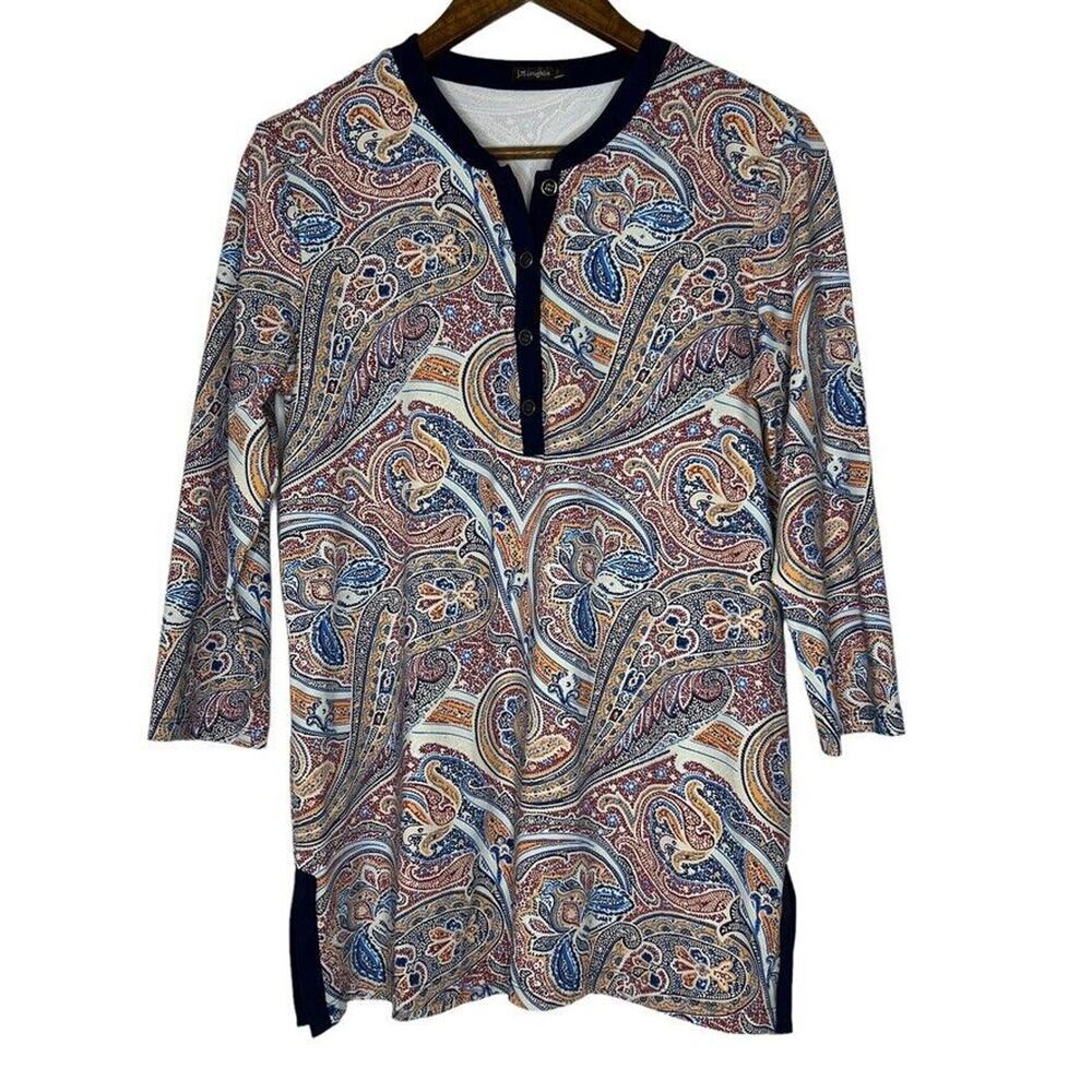 J McLaughlin Blue Paisley Stretch Half Sleeve Blouse Shirt Size Large Women’s